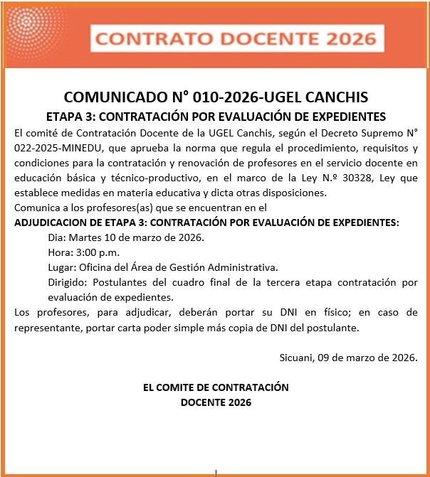 Comunicado N° 010 - 2026 ETAPA 3 CONTRATACIÓN POR EVALUACIÓN DE EXPEDIENTES